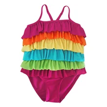 Детский купальник цвета радуги, летняя пляжная разноцветная многослойная Одежда для девочек, детский цельный бикини, Btah, повязка на голову, SCL204