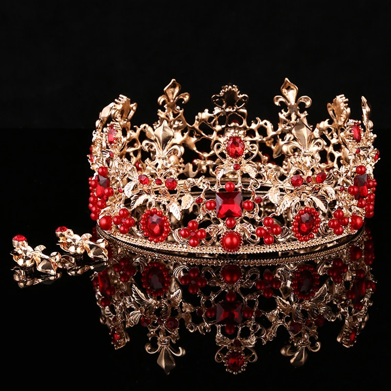 Baroque Style Gold Leaf Red Rhinestone Wedding Tiara Crown And Earring Set Alloy Bridal Queen Princess Crown Hair Accessories 36