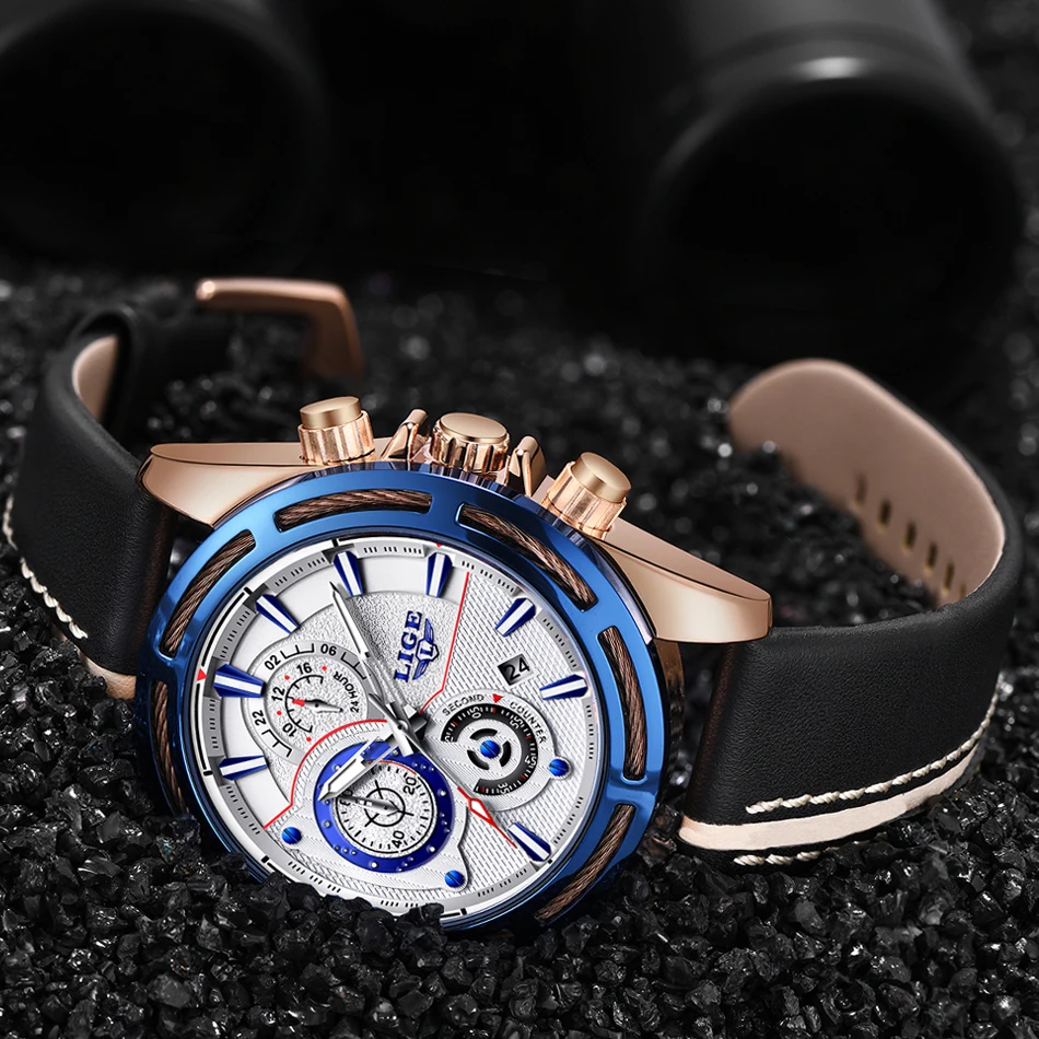 Бренд lige 2019 для мужчин модные повседневное Спорт часы для мужчин непромокаемые кожаные кварцевые часы для мужчин Военная Униформа часы