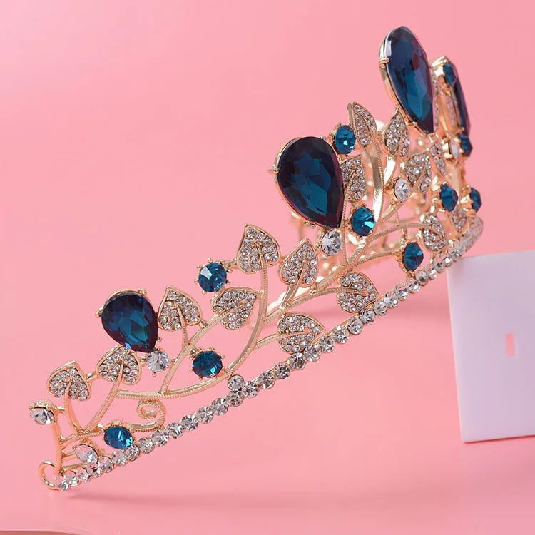 New Arrival Magnificent Blue Red Rhinestone Bridal Crown Tiaras Fashion Golden Diadem for Women Wedding Hair Accessories Jewelry