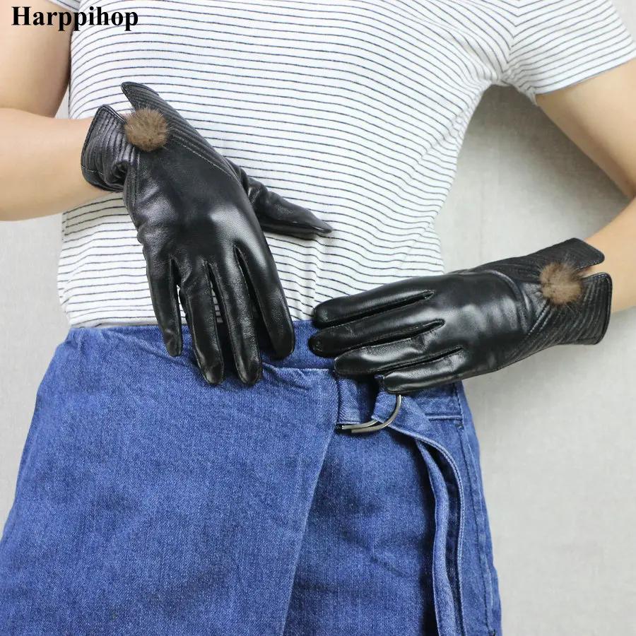 Женские перчатки зимние теплые черные из натуральной кожи перчатки с норки мяч Сенсорный экран варежки для женщин