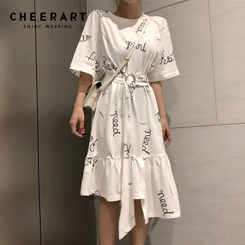 

Cheerart Korean Casual White Ruffle Asymmetrical Dress Women Summer Lace Up Long Loose Midi Dresses Letter Print Clothing