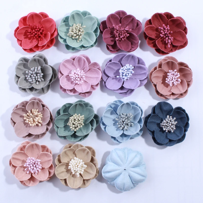 

120PCS 5CM Fashion Solid Artificial Felt Flowers For Hair Accessories With Stamen Hairband Apparel Accessories U Pick Colors