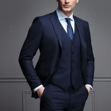 Новое поступление, приталенный темно-синий шерстяной костюм с двумя пуговицами и отворотами, комплект из 3 предметов(пиджак+ брюки+ жилет