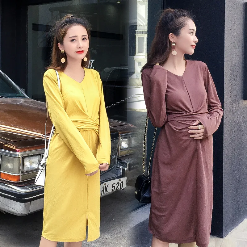 

2018 Autumn Korean Elegant Maternity Dress V Neck Slim Waist Long Sleeve Splits Clothes for Pregnant Women Pregnancy Clothing