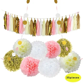 

5sets Birthday Artificial flowers Paper Pom Poms Pink Flowers fan pompom Decoration Party Supplies wedding Birthday Decoration