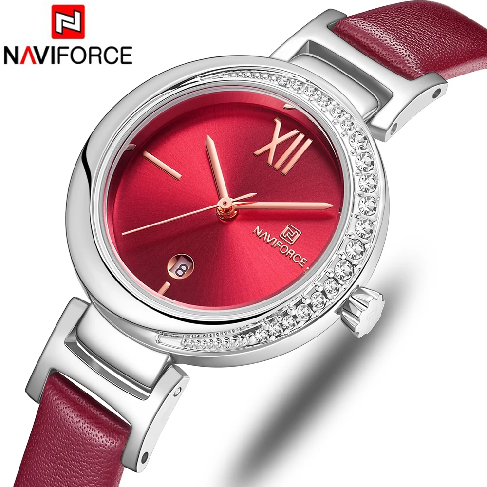 Naviforce брендовые роскошные женские часы из натуральной кожи наручные кварцевые