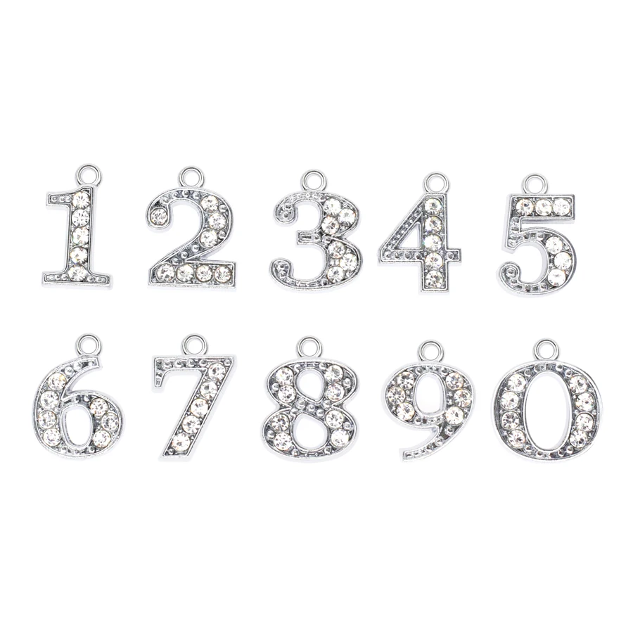 10pcs Rhinestone numbers 0 9 Bling hang numbers silver pendant fit