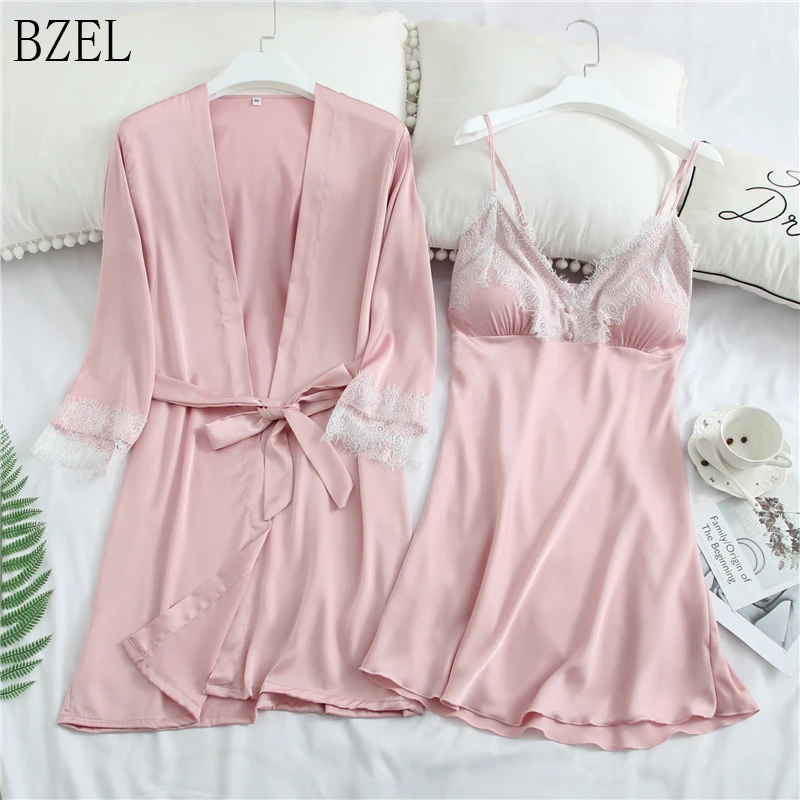 

BZEL 2019 New Fashion Spring Summer Nightgown Women Sexy Two Piece Suit Dress Lady Silk Satin Lingerie Soft Pajamas Set Robe Set