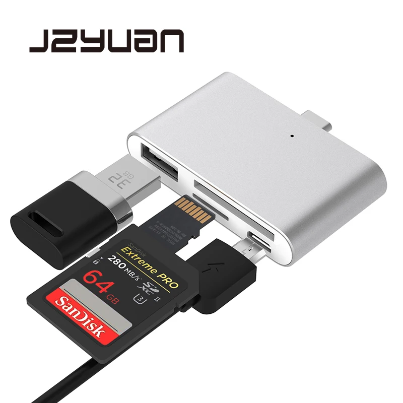 

JZYuan 4 in 1 USB C Hub with 2 Slot TF SD Card USB 2.0 Hub OTG Card Reader USB 3.0 HUB For Mobile Phone MacBook Pro Type C Hub
