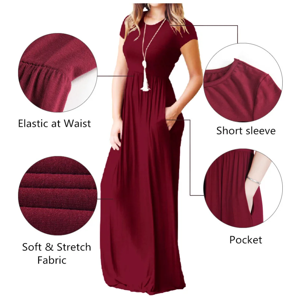 

Summer Maxi Long Dress Women 2019 New Short Sleeve Solid Long Dresses Femme Plus Size Casual Pocket Robe GV598