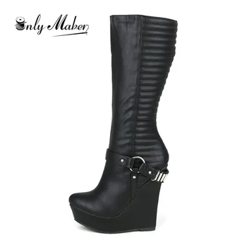 

Onlymaker Women's Wedge Winter Fashion Black Knee High Boots Handmade Soft Leather For Party Dress Big Size Zipper Women Boots