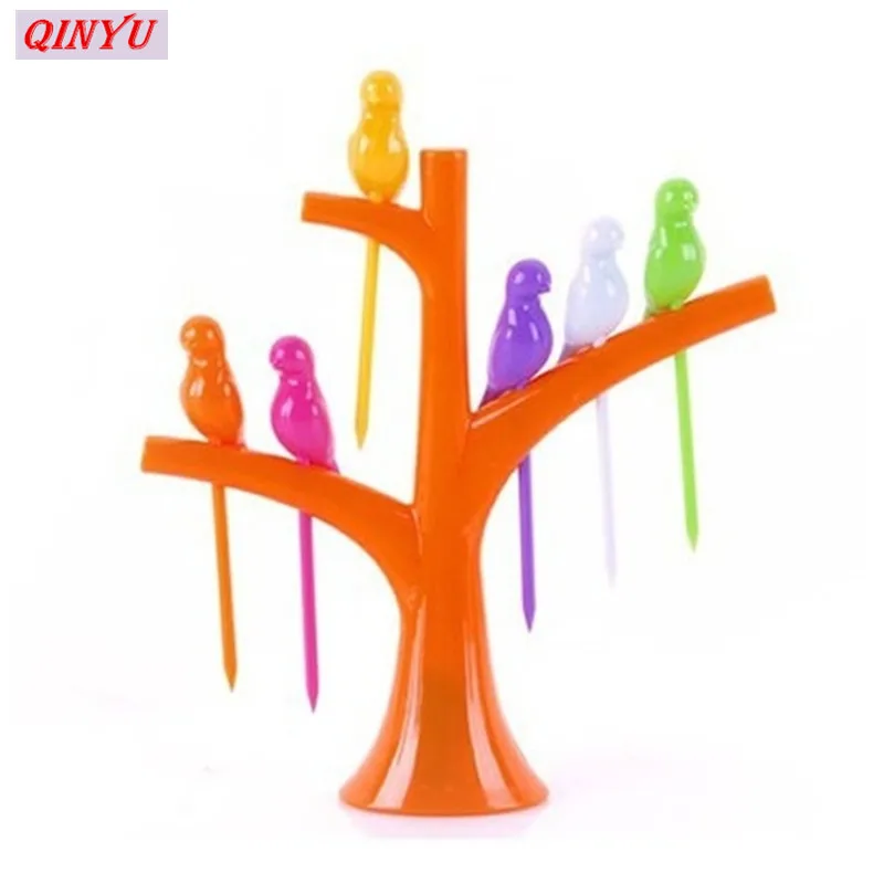 6 Birds+1 Tree Twig Shaped Fruit Fork Toothpick Forks Holder Kitchen