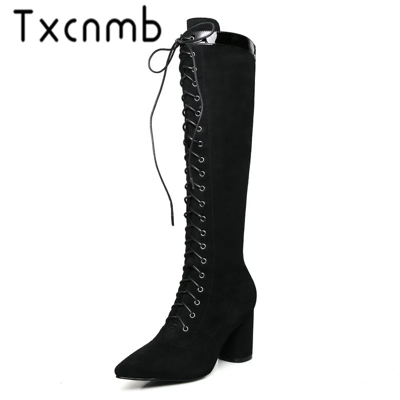

TXCNMB Boots Women Winter Thigh High Knee Boots High Genuine Leather Shoes Lace Up High Heels Black Long Bota Feminina