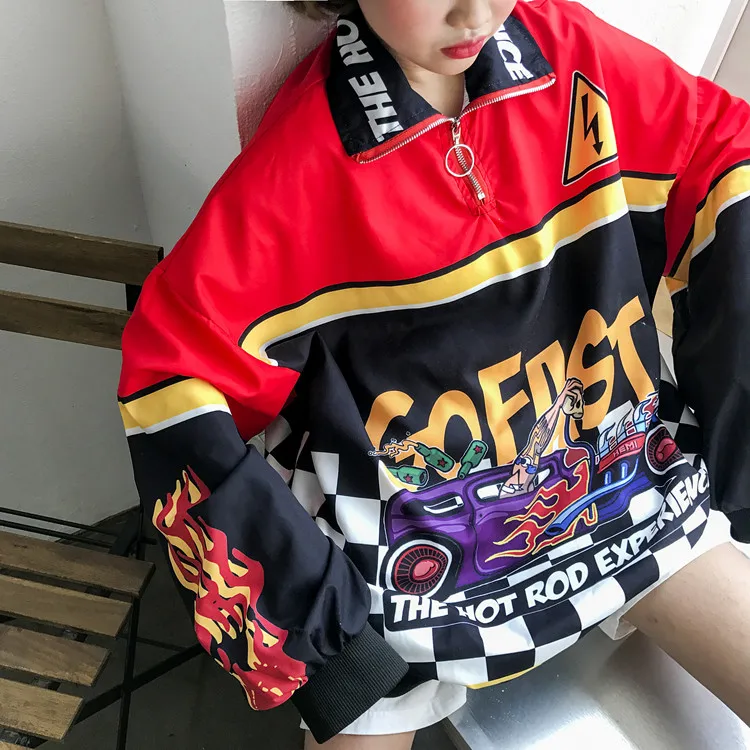 Очень большой личности осень ulzzang Корейская женская одежда Harajuku пуловер гоночный автомобиль печати молния полный толстовки кофты