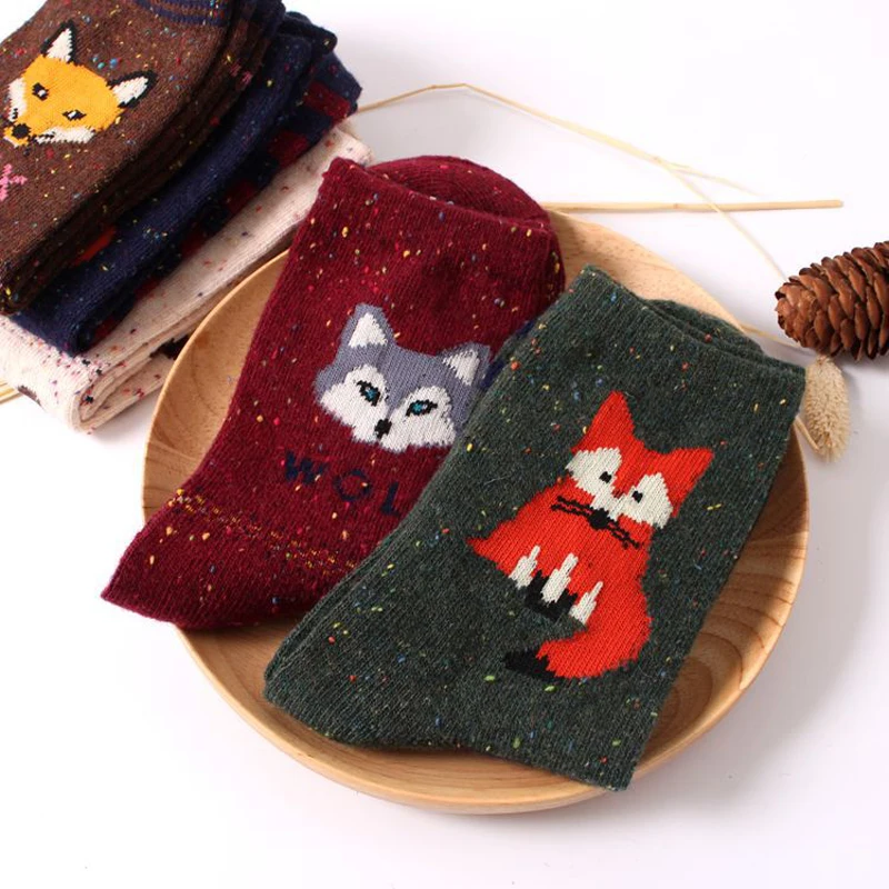 

3Pairs Women Funny Socks With Animals Patterns Autumn Winter Ladies Socks Art Meias Femininas Cotton Blend Cute Fox Warm Socks