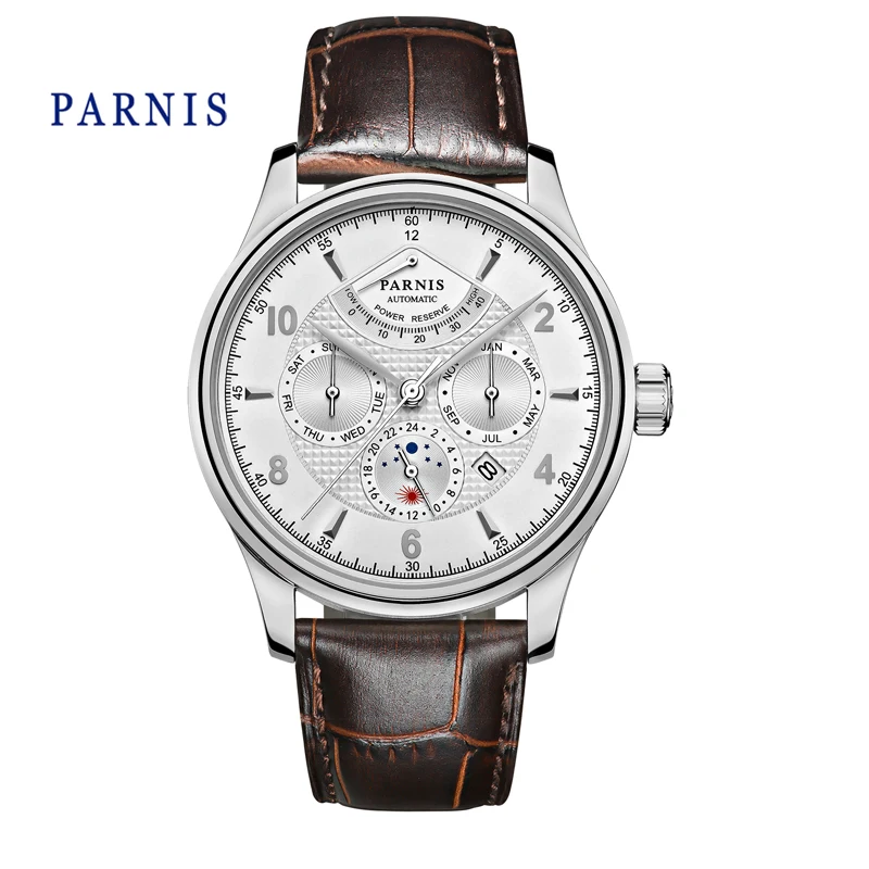 Casual 42mm Parnis Automatic WatchMen chanical Wristwatch Power Reserve White Dial Silver Numbers Moon Phase Men Watch 24 hour
