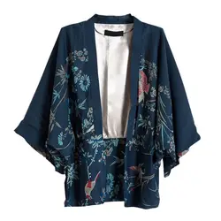 Осень 2017 г. Harajuku Для женщин японское кимоно печатных рукав «летучая мышь» Свободный кардиган блузка