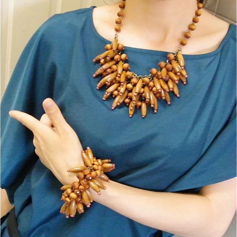 

New 2016 bohemia vintage handmade rosary wood necklace exaggerated elastic bracelet african jewelry set wholesale/parure/indian