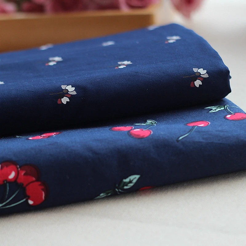 

Clothing blue small cherry Density stretch poplin printing Patchwork Cotton Fabric tissus (1 meter)