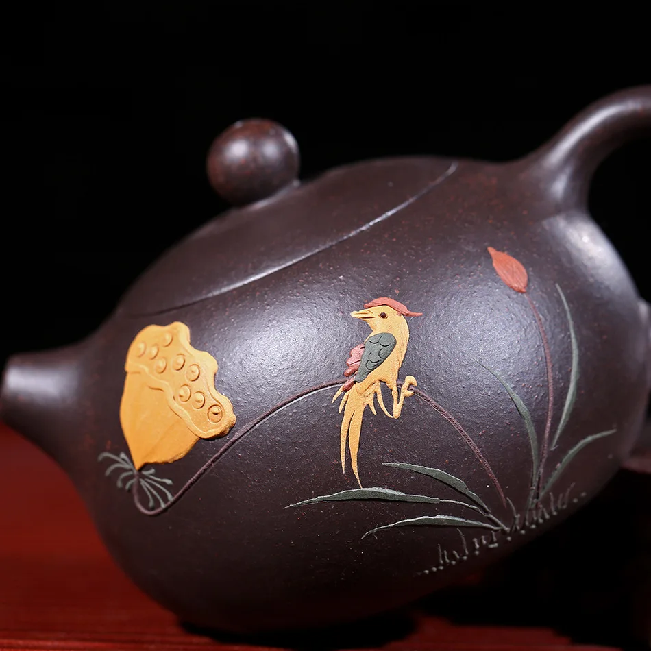 Черный чайник Zhu Mud Yixing ручной работы, цветной, с грязевой росписью, цветок, птица, Xi Shi, горшок, фиолетовая глина, 188, отверстие в шарике, 170 мл
