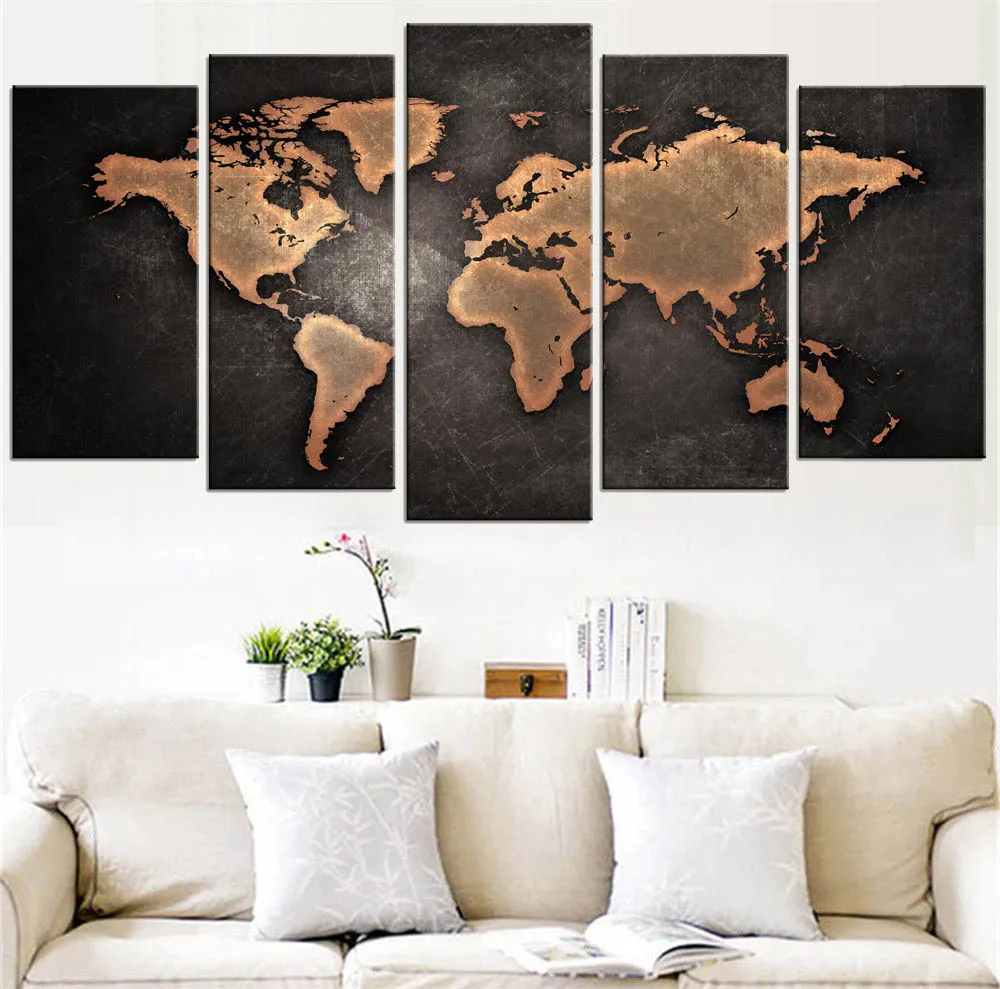 

5 Pcs/Set Modern Abstract World Map Wall Art Painting World Map Canvas Printed Painting for Living Room Home Decor Pictures