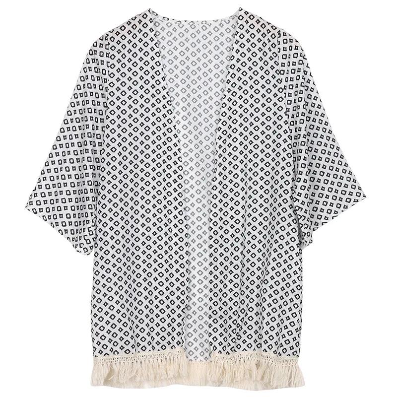 2016 New Design Vintage Women Mini Plaid Chiffon Blouses Lace Fringes Tassels Kimono Cardigan Blouse Tops