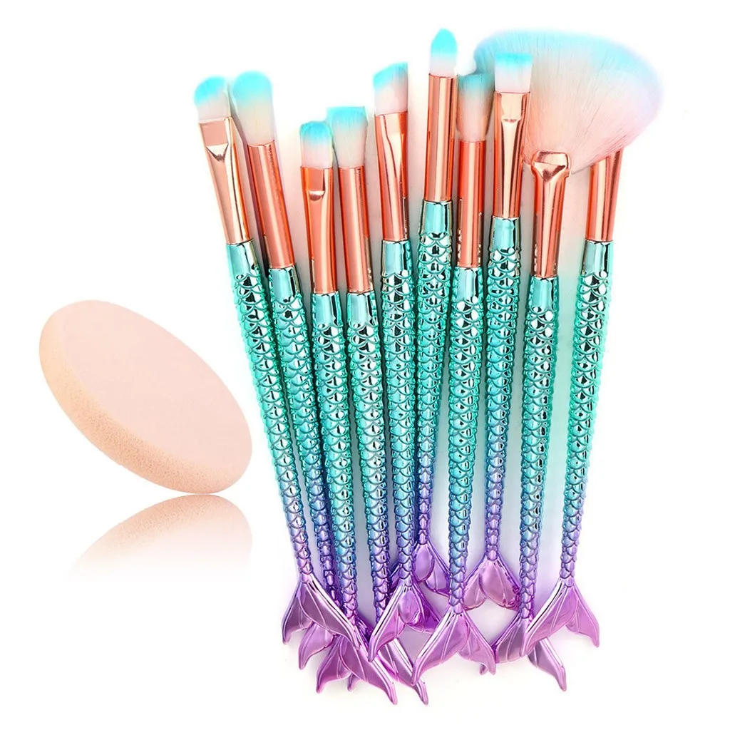 

10PCS Mermaid Make Up Foundation Eyebrow Blush Cosmetic Concealer Brushes Fish Tail Cosmetic Brushes Tools +Puff Maquiagem #