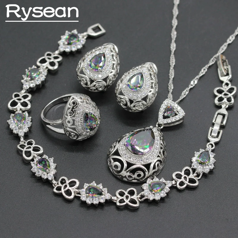

925 Silver Jewelry Sets For Women Pear Shape Multicolor Rainbow White Zirconia Necklace Pendant Bracelet Ring Hoop Earrings