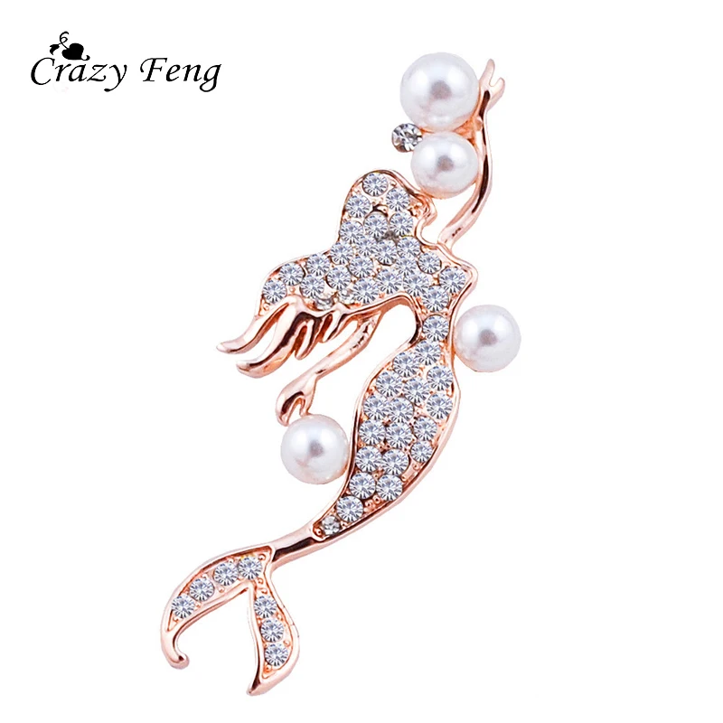 

Crazy Feng Elegant Simulated Pearls Mermaid Brooch Pins Wedding Party Jewelry Rose Gold Color Full Crystal Cloth Scarf Broches