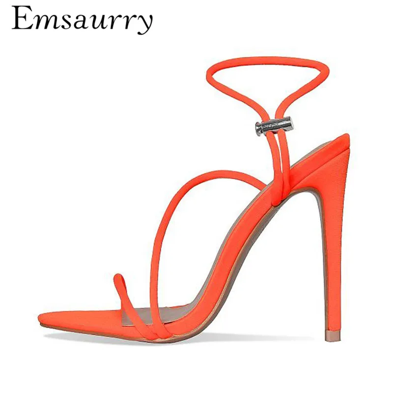 

Summer 2019 Narrow Band Gladiator Sandals Women Open Toes Thin High Heels Orange Candy Color Catwalk Sandalias Mujer