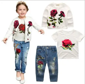 

Spring Autumn Formal baby Girls Clothes Suit Jacket T-shirt Jeans 3 Pcs Set Fashion Rose Cardigan Tops Sequin Kids Coat 3-8Y