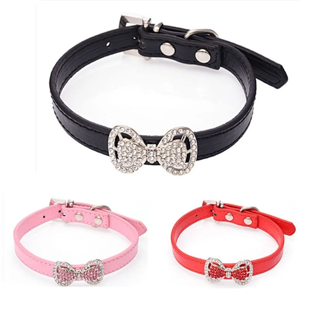 Hot Sale Pretty Bowknot Rhinestone Dog Collars for Dogs Cats Adjustable Pu Leather Pet Dog Puppy ...