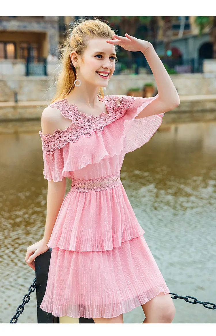2018 Summer Dress Women Fashion Chiffon Ruffle Dresses Pink Lace Patchwork Vestidos Mujer Print Off Shoulder Dress Robe Femme (4)