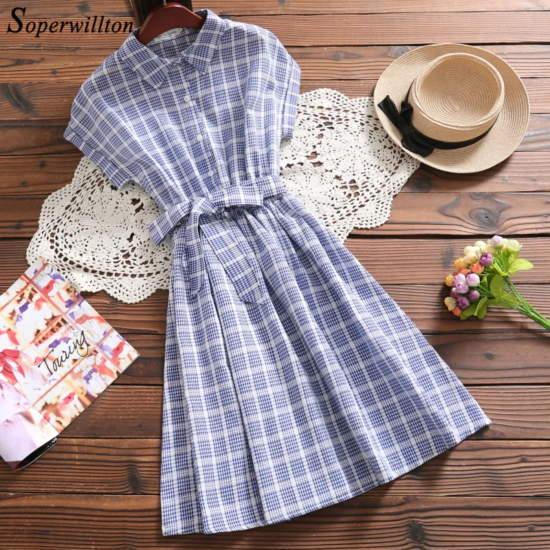

2019 Summer Plaid Dress For Women Sleeveless Cotton Short Button Dresses Blue Pink Preppy kawaii Girl's Dress Loose Vestido