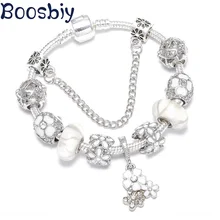 Boosbiy Европейский Стиль Посеребренная Очаровательная Браслеты и браслеты с кристаллами любовь и цветок бусины DIY брендовые ювелирные изделия для женщин