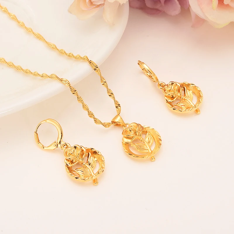 

BangruiEthiopian women Jewelry set Gold filled rose Pendant Necklaces/Earrings African Bridal Habesha Ethiopia Wedding girl Gift
