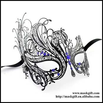 

48Pcs/lot Wholesale Luxury Venetian Black Filigree Masquerade Metal Party Masks With Blue Stones MF001-BLBK
