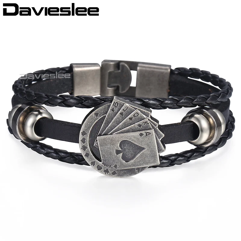 Lucky Poker Cards черный кожаный браслет для мужчин 3 прядь веревка мужской Шарм Браслет Модные мужские ювелирные изделия дропшиппинг LLB681