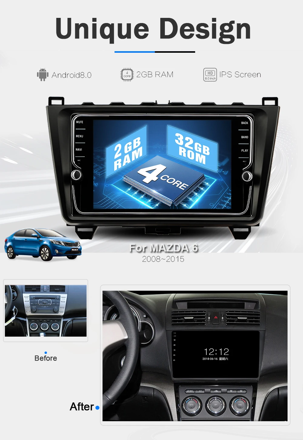 Sale Funrover IPS 8" Android 8.0 2 din car dvd gps For Mazda 6 mazda6 2008 2009 2010 2011-15 Autoradio Glonass tape recorder usb WIFI 9