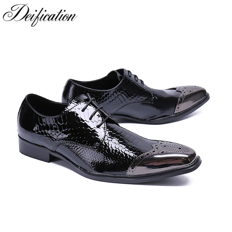 

Deification Fashison Metal Square Toe Mens Dress Shoes Leather Black Luxury Wedding Shoes Lace Up Men Flats Office Formal Shoes