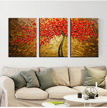 

Acrylic decorative high quality 3 piece canvas wall art tree abstract knife oil painting on canvas wall picture for living room