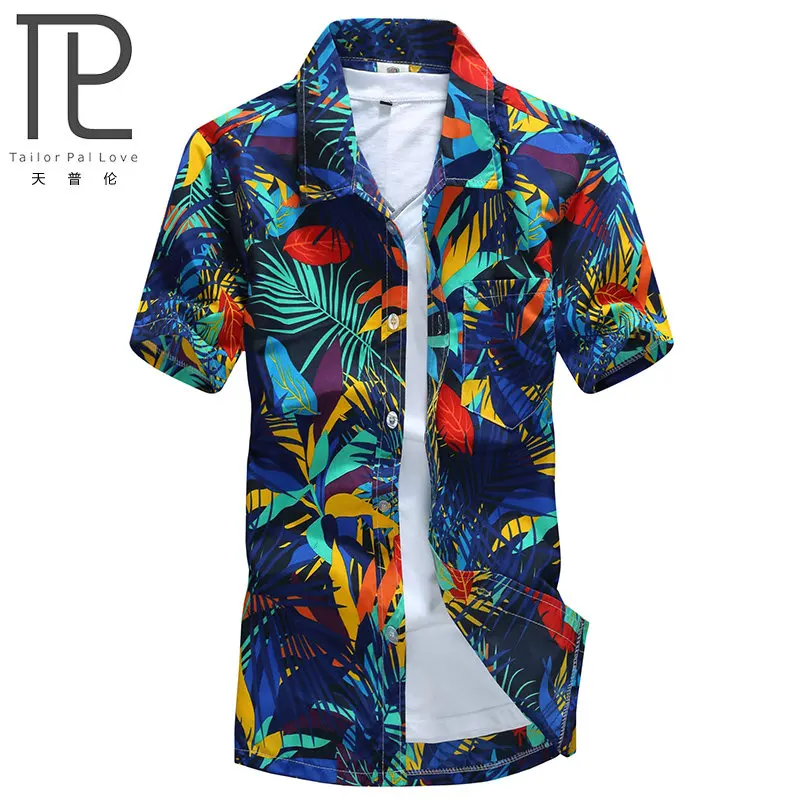 Повседневные рубашки Мужская облегающая одежда из полиэстера с коротким рукавом летняя пляжная Цветочная Мужская мода рубашка M-5XL ST18