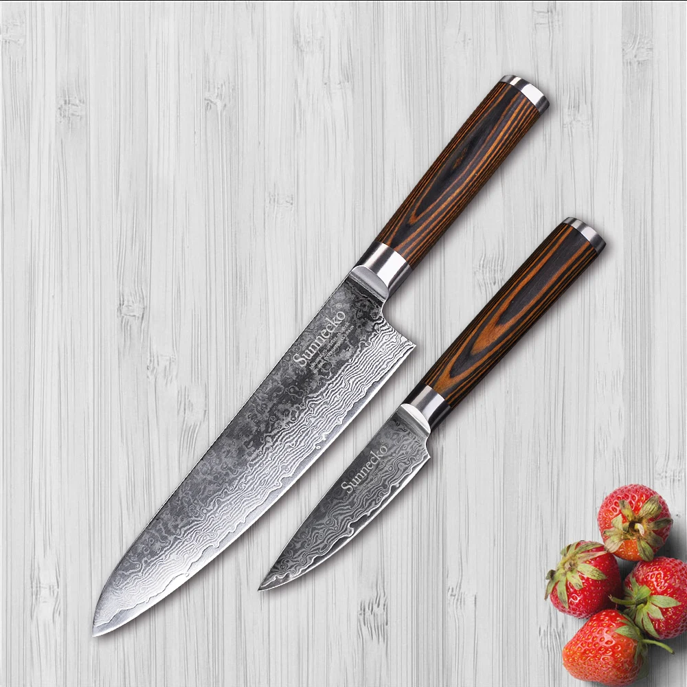 

SUNNECKO 2PCS Kitchen Knives Set Chef Paring Knife Japaness VG10 Steel Pakka Wood Handle Damascus Knife Fruit Vegetables Cutter