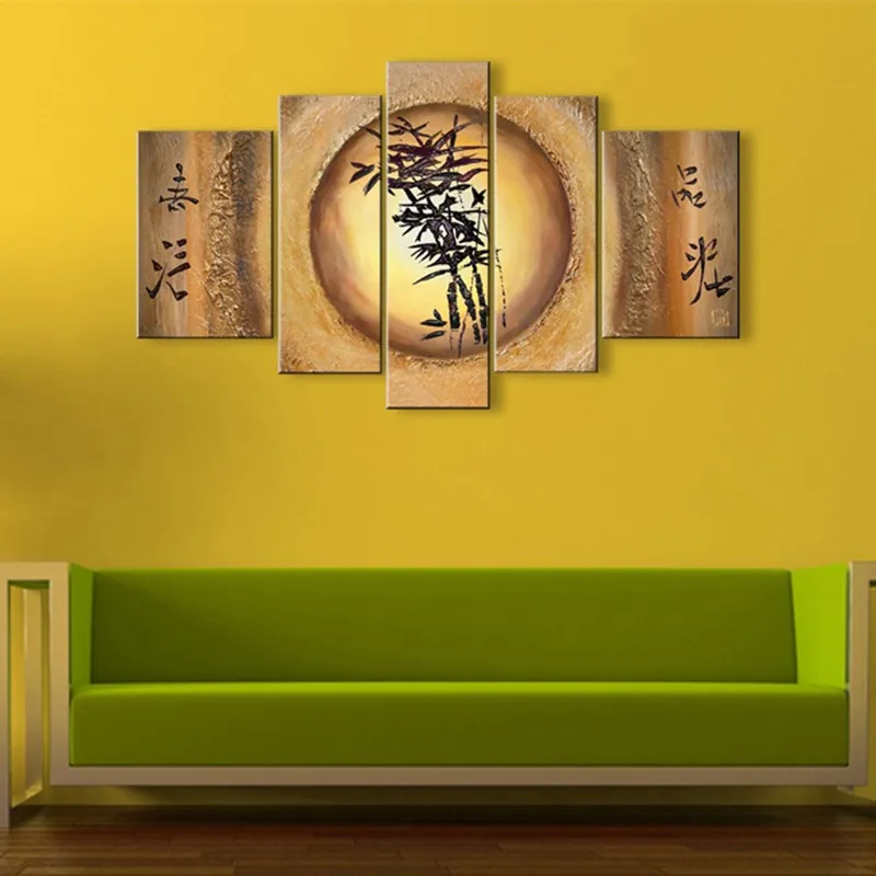 

Large Handmade Paintings 5 Piece Canvas Pictures Home Decor Wall Art Handpainted Abstract Chinese Bamboo Character Oil Painting