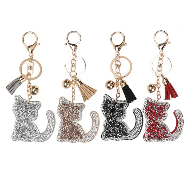 

2018 Hot Fashion Charm Key Chain 4 color Pendant Rhinestone Cat Leather key chain for Women Bag