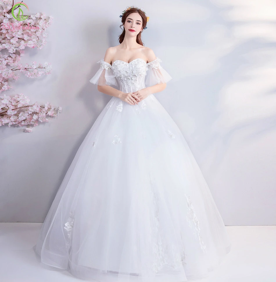 Женское свадебное платье SSYFashion белое кружевное до пола с аппликацией и вышивкой