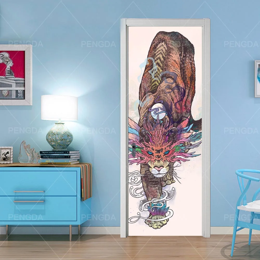 3D креативные дверные наклейки Печать художественные картинки абстрактные животные тигр детская комната Декоративные наклейки для дома плакат водонепроницаемые наклейки на стену