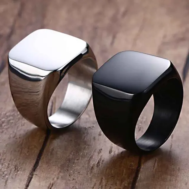 Rings Square Large Wide Seal Rings 24K Titanium Steel man Finger Ring Silver Bla Rings Square Large Wide Seal Rings 24K Titanium Steel man Finger Ring Silver Bla