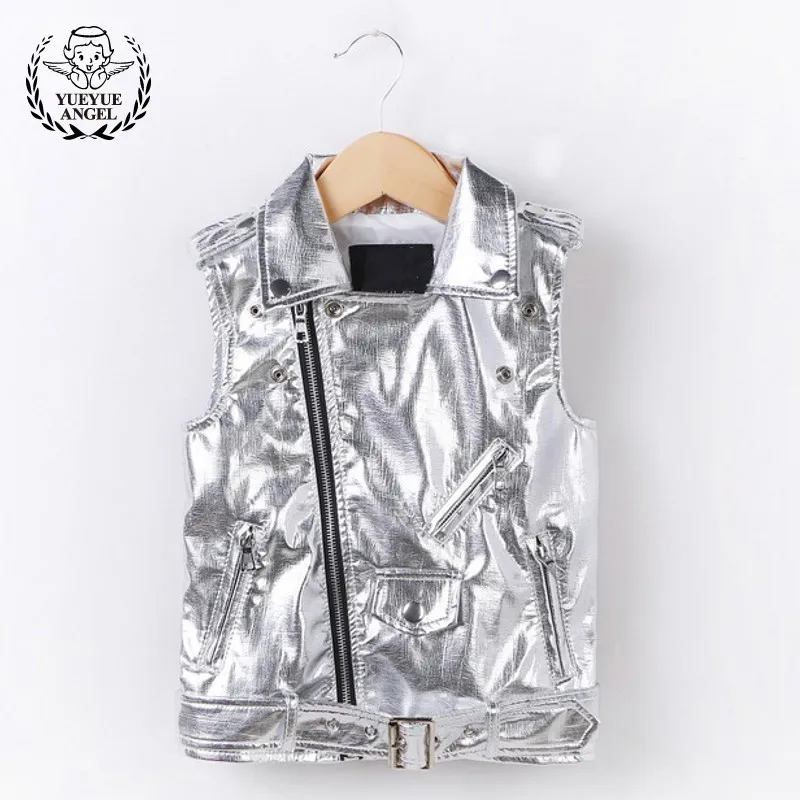 

Silver Motorcycle Leather Clothing Kids Sleeveless Autumn Faux Leather Vest Boys Girls Zipper Baby Girl Vest Jacket 3-12 Year